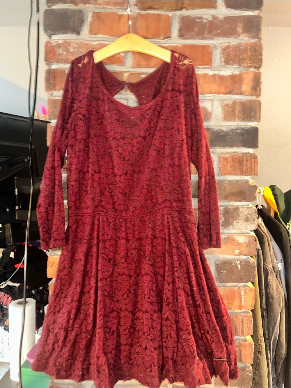 Women’s Long Sleeve Lace Fit & Flare Dress in Burgundy